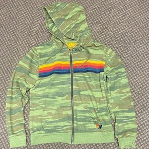 Aviator Nation Green Camo Jacket with Rainbow Stripe sz L